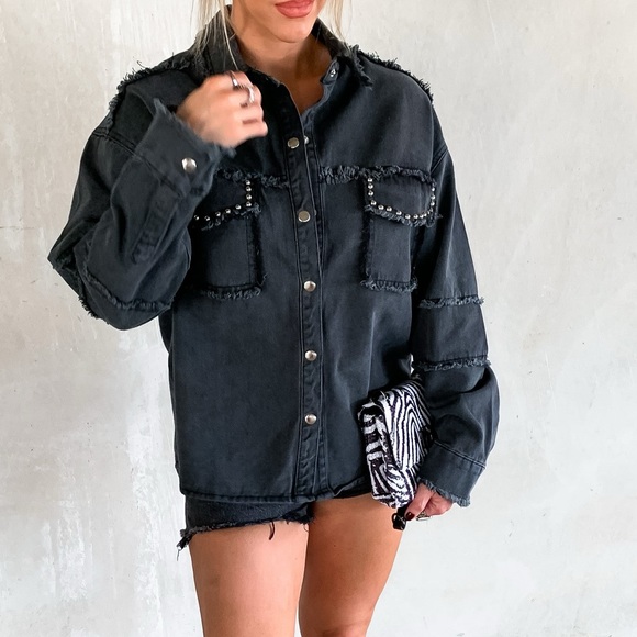 Studded Peace Sign Twill Jacket - Black - Picture 6 of 6